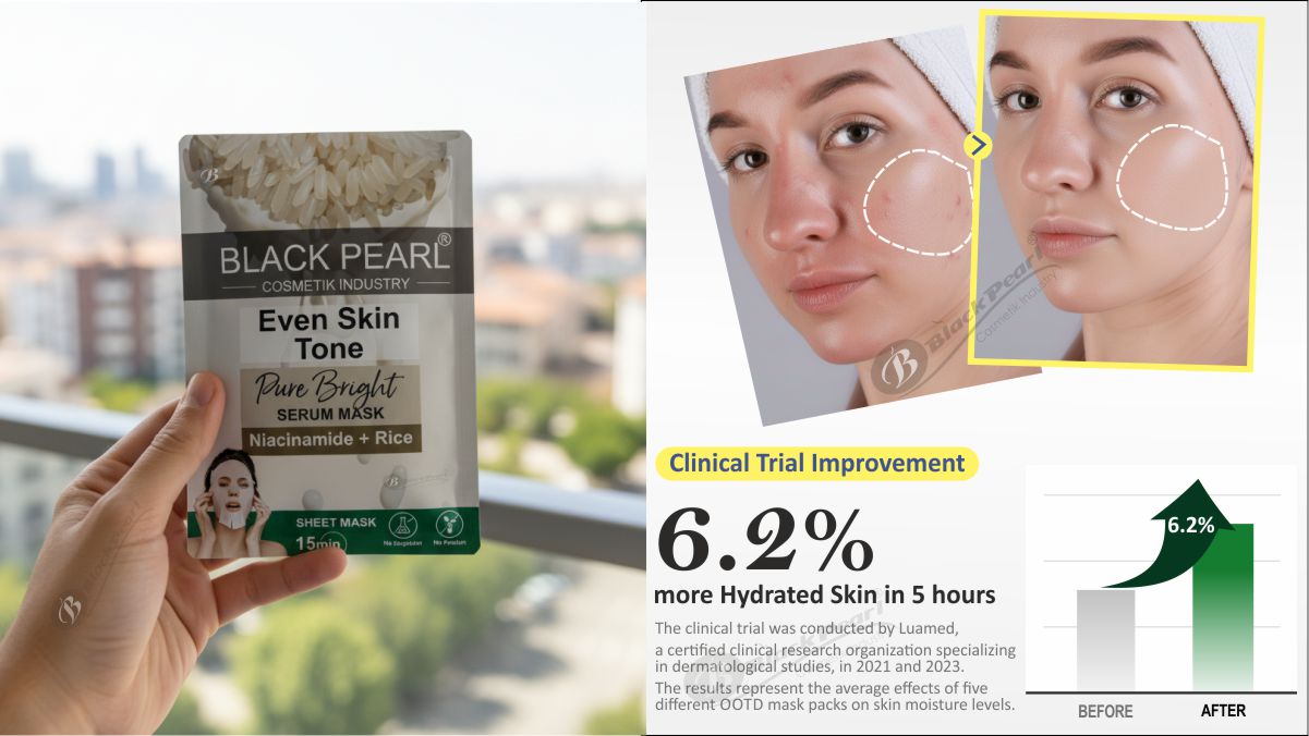 Rice essence sheet mask filling line at Black Pearl Cosmetic, private label manufacturer